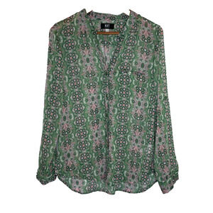 Women's Large Kut Jasmine Chiffon Green Floral Pattern Button Down Shirt